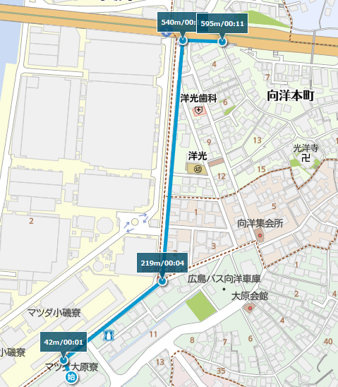 大原寮から向洋本町バス停までの地図